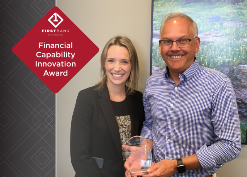 Ty Nelson, First Bank President and Heather Hicks, EverFi Rep with Financial Capability Award